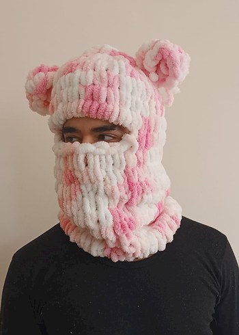 Pembe Örgü  Bere Kulaklı wegh maskesi - Görsel 3