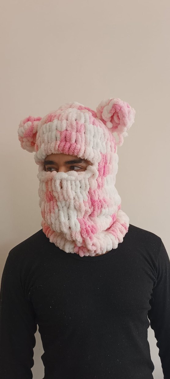 Pembe Örgü  Bere Kulaklı wegh maskesi - Görsel 3