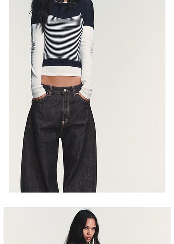 Zara Siyah Beyaz Cizgili Crop Triko Kazak