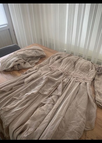 42 Beden camel Renk Bej Uzun Kollu Bohem Abiye Elbise