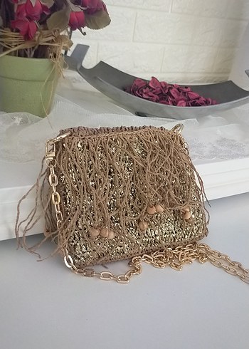 Zincir Detaylı Bej Örgü Kadın Çanta - Görsel 7