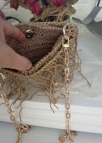 Zincir Detaylı Bej Örgü Kadın Çanta - Görsel 2