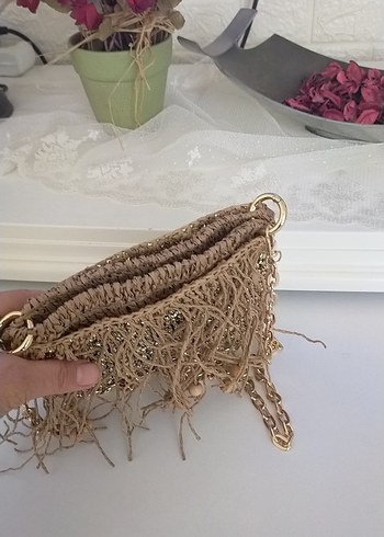 Zincir Detaylı Bej Örgü Kadın Çanta - Görsel 8