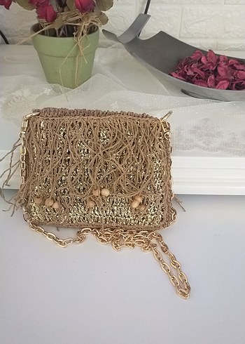 Zincir Detaylı Bej Örgü Kadın Çanta - Görsel 6