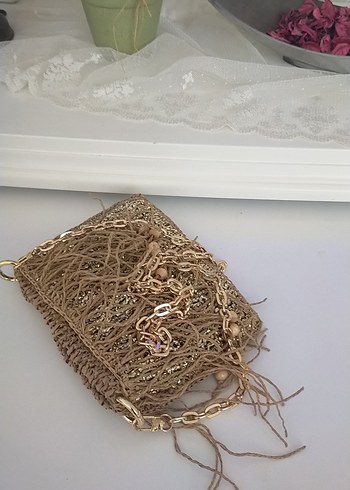 Zincir Detaylı Bej Örgü Kadın Çanta - Görsel 5