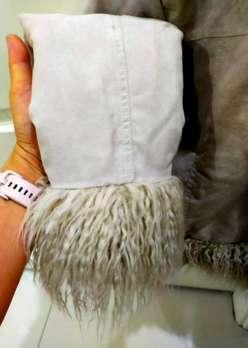 Bej Süet Kadın Kürklü Midi Ceket - Görsel 6