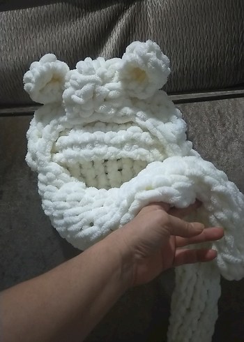 Beyaz Örgü Çocuk Bere Kulak Detaylı - Görsel 5