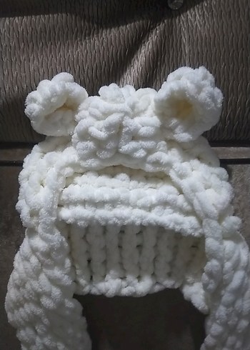 Beyaz Örgü Çocuk Bere Kulak Detaylı - Görsel 4