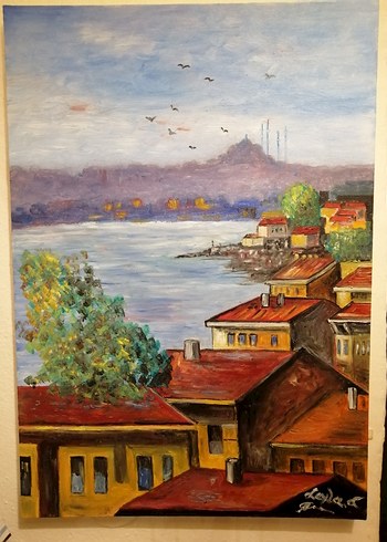 Kıyı Manzaralı Çok Renkli Yağlı Boya Tablo.