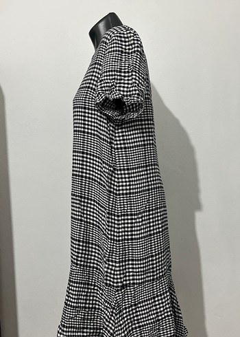 Kareli Keten Midi Elbise, Kısa Kollu, Salaş - Görsel 3