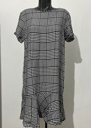 Kareli Keten Midi Elbise, Kısa Kollu, Salaş - Görsel 2