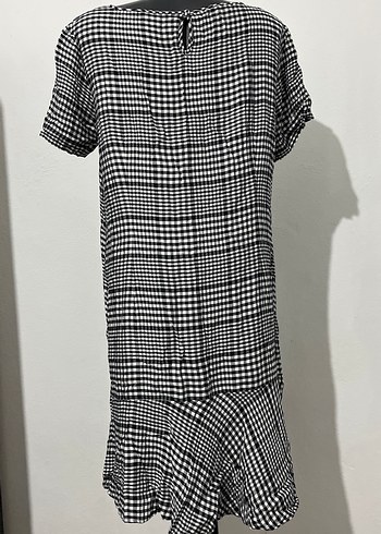 Kareli Keten Midi Elbise, Kısa Kollu, Salaş - Görsel 4