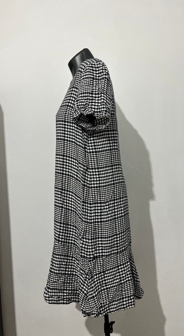 Kareli Keten Midi Elbise, Kısa Kollu, Salaş - Görsel 3