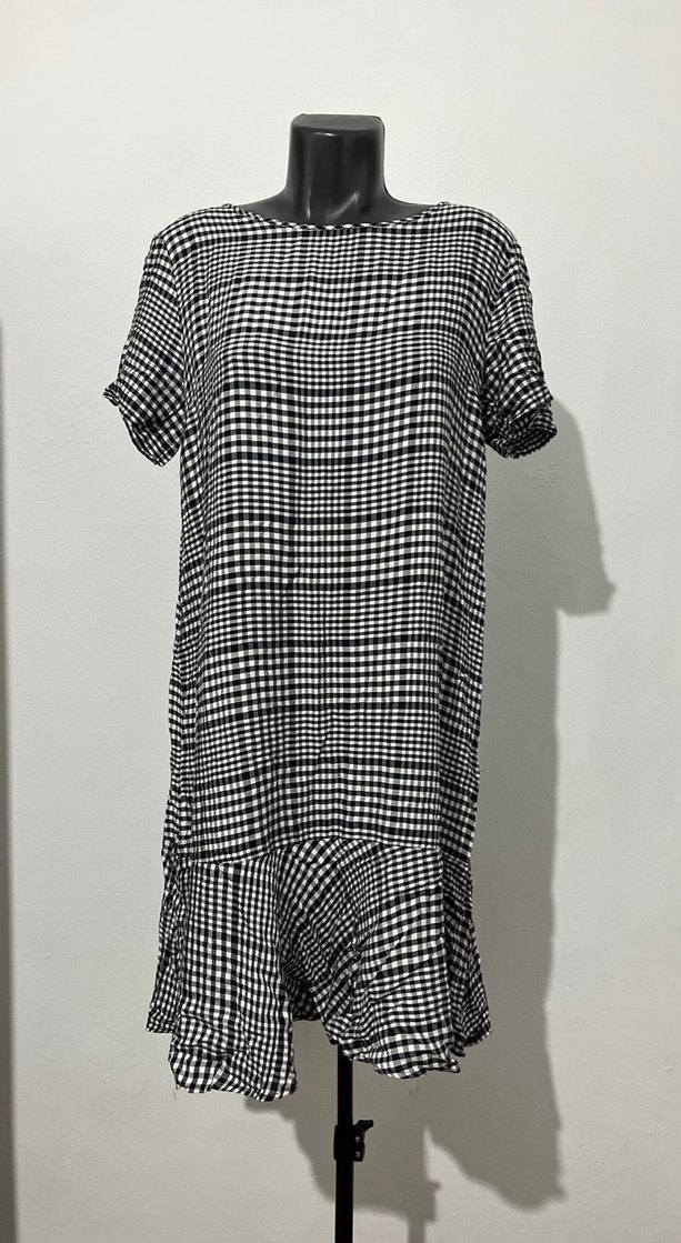 Kareli Keten Midi Elbise, Kısa Kollu, Salaş - Görsel 2