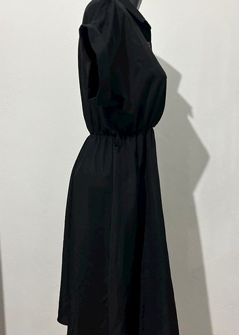 Düğmeli Siyah Keten Uzun Kadın Elbise - Görsel 4