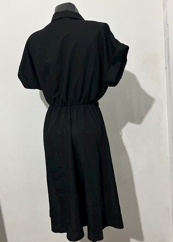 Düğmeli Siyah Keten Uzun Kadın Elbise - Görsel 5