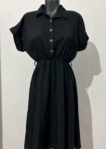 Düğmeli Siyah Keten Uzun Kadın Elbise - Görsel 2