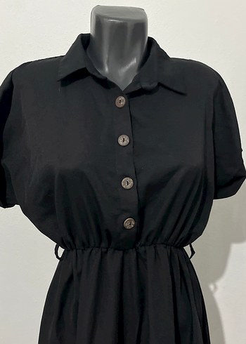 Düğmeli Siyah Keten Uzun Kadın Elbise - Görsel 3