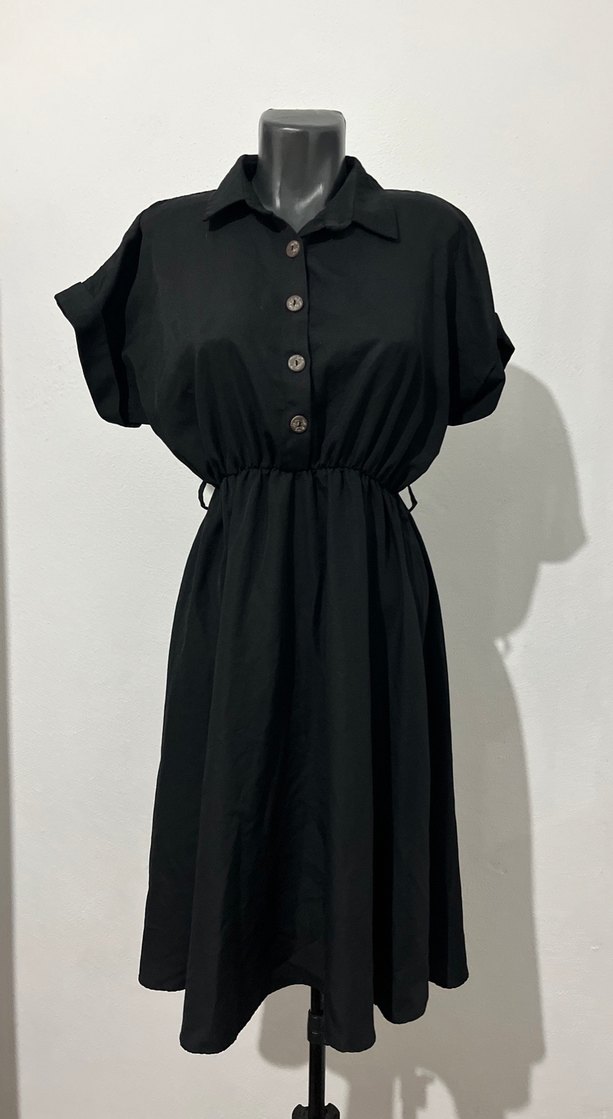 Düğmeli Siyah Keten Uzun Kadın Elbise - Görsel 2