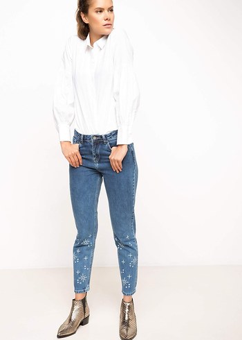 Kadın Beyaz balon Uzun Kollu Gömlek 100 de 100 Pamuk kumaş - Görsel 2