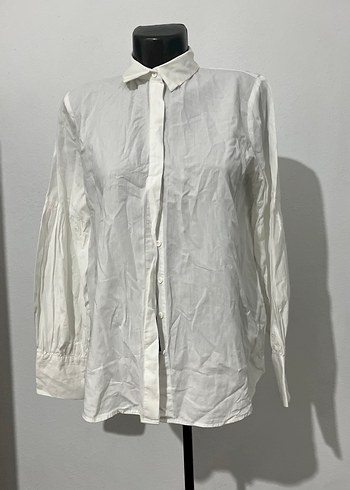 Kadın Beyaz balon Uzun Kollu Gömlek 100 de 100 Pamuk kumaş - Görsel 4