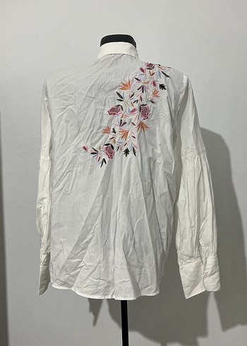 Kadın Beyaz balon Uzun Kollu Gömlek 100 de 100 Pamuk kumaş - Görsel 3