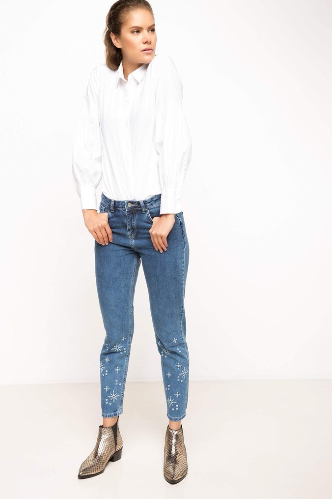 Kadın Beyaz balon Uzun Kollu Gömlek 100 de 100 Pamuk kumaş - Görsel 2