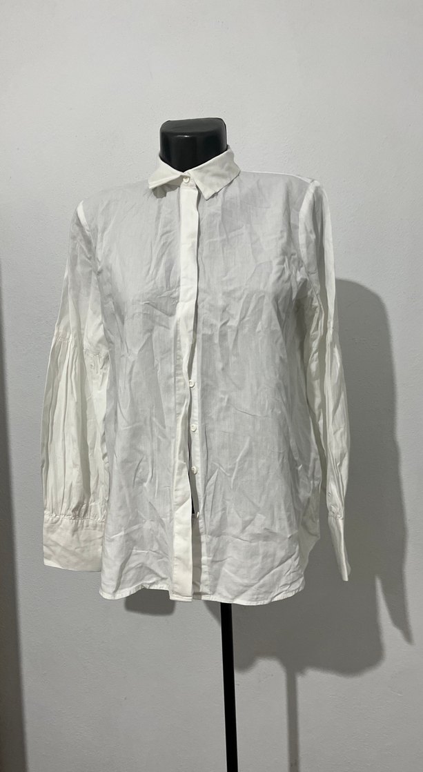 Kadın Beyaz balon Uzun Kollu Gömlek 100 de 100 Pamuk kumaş - Görsel 4