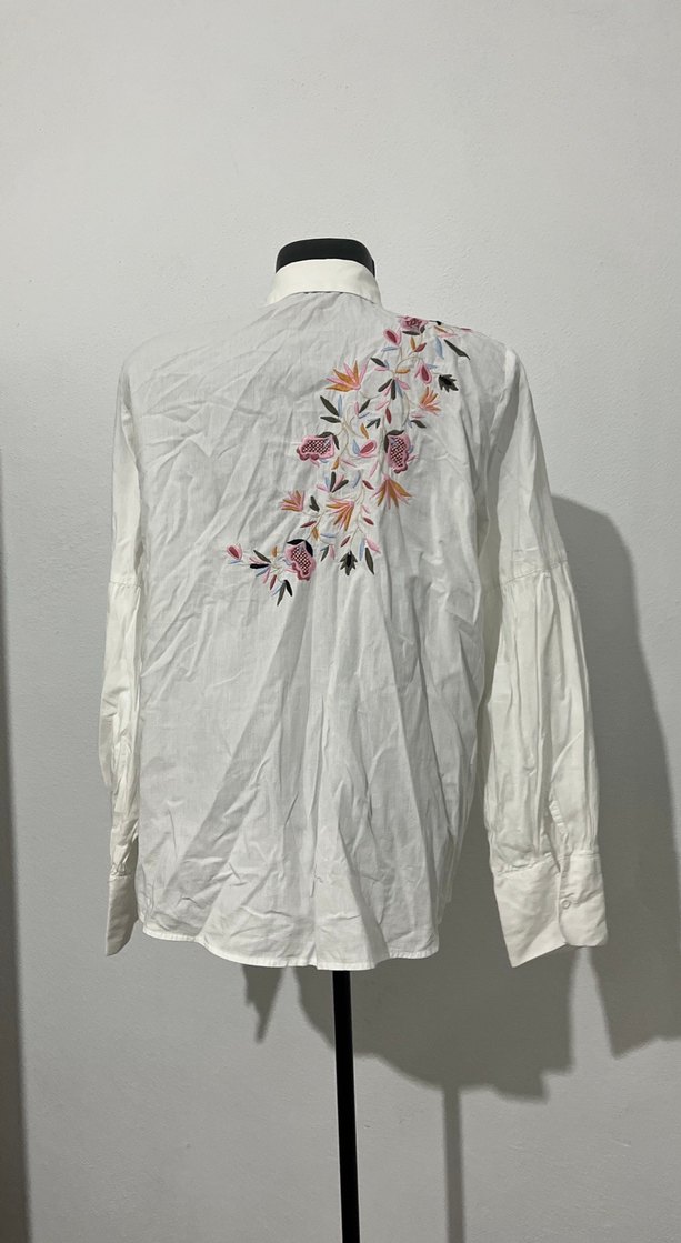 Kadın Beyaz balon Uzun Kollu Gömlek 100 de 100 Pamuk kumaş - Görsel 3