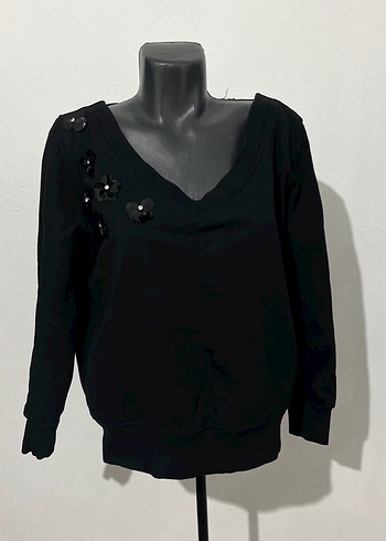 V Yaka Siyah  Kadın Kazak Sweat - Görsel 2