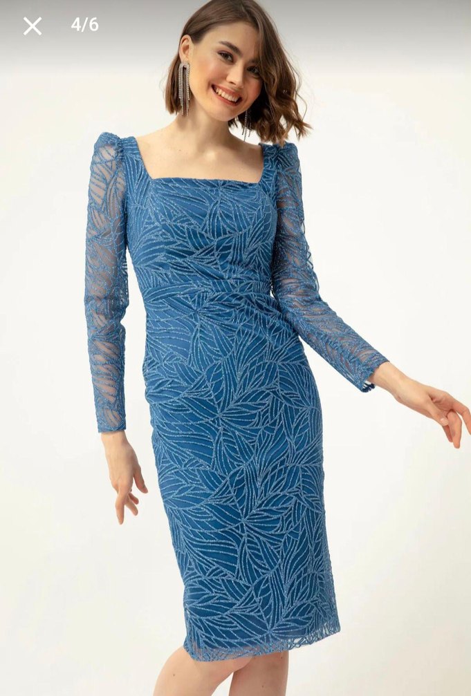 Nişan elbisesi lafaba marka VYaka İşlemeli Uzun Kollu indigo - Görsel 4