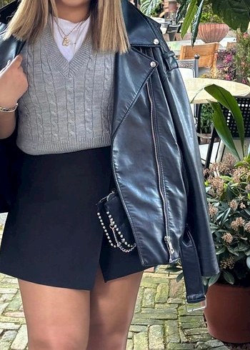 Zara Siyah Kadın Biker Deri Ceket