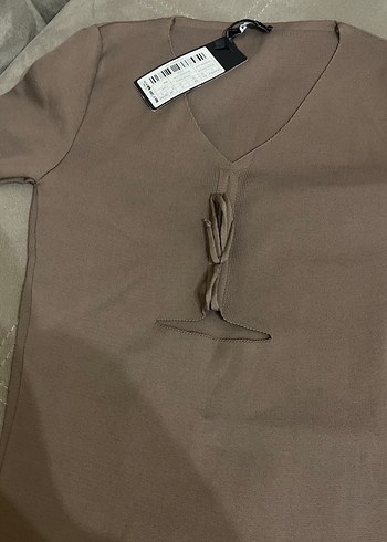 V Yaka Kahverengi Midi Elbise - Görsel 2