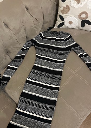Çizgili Gri Uzun Kollu Triko Elbise - Görsel 3