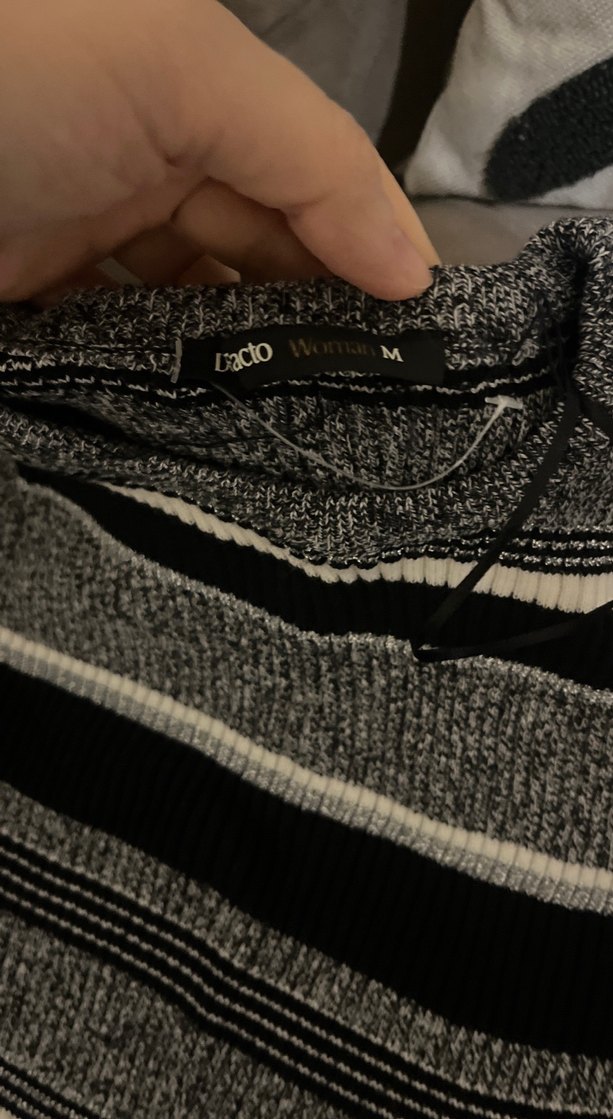 Çizgili Gri Uzun Kollu Triko Elbise - Görsel 2