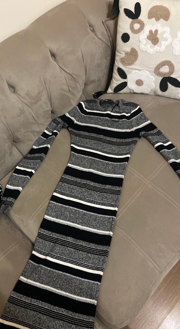 Çizgili Gri Uzun Kollu Triko Elbise - Görsel 3