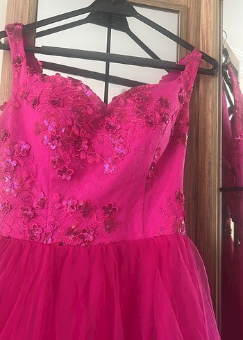 Pembe İşlemeli V Yaka Uzun Abiye Elbise - Görsel 4