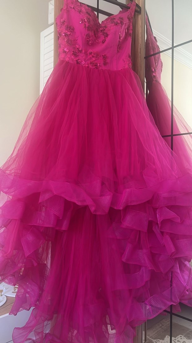 Pembe İşlemeli V Yaka Uzun Abiye Elbise - Görsel 3