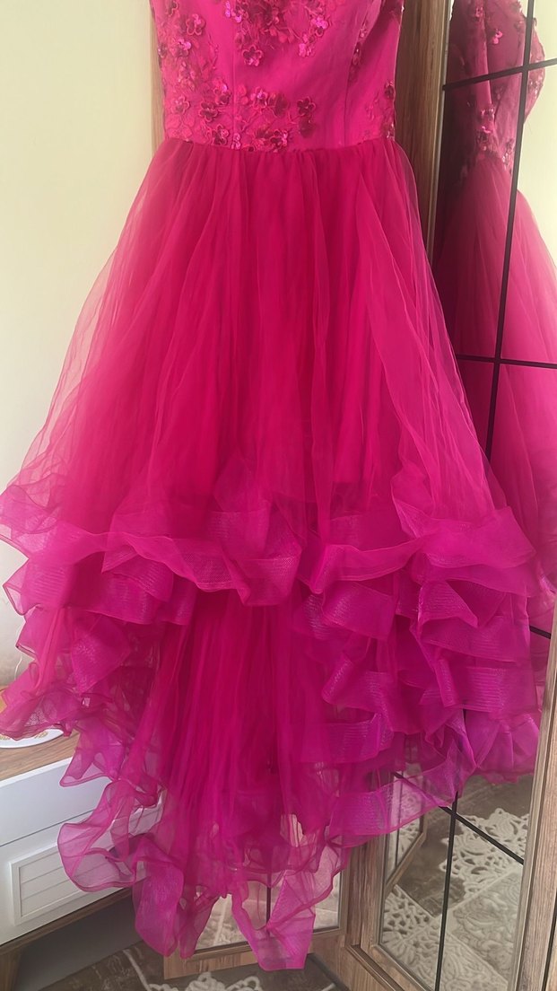 Pembe İşlemeli V Yaka Uzun Abiye Elbise - Görsel 5