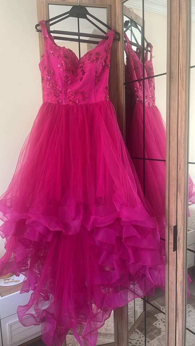 Pembe İşlemeli V Yaka Uzun Abiye Elbise - Görsel 2