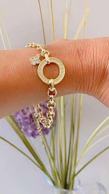 14K Gold Taşlı Yonca Bileklik - Görsel 2