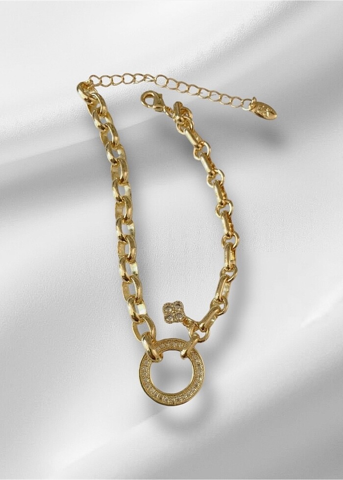 14K Gold Taşlı Yonca Bileklik - Görsel 3