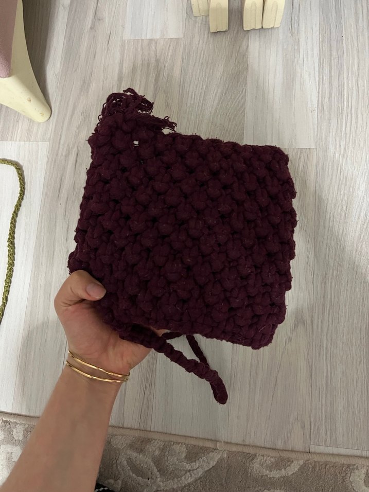 Bordo Örgü Püsküllü Bohem Kadın Çanta - Görsel 3