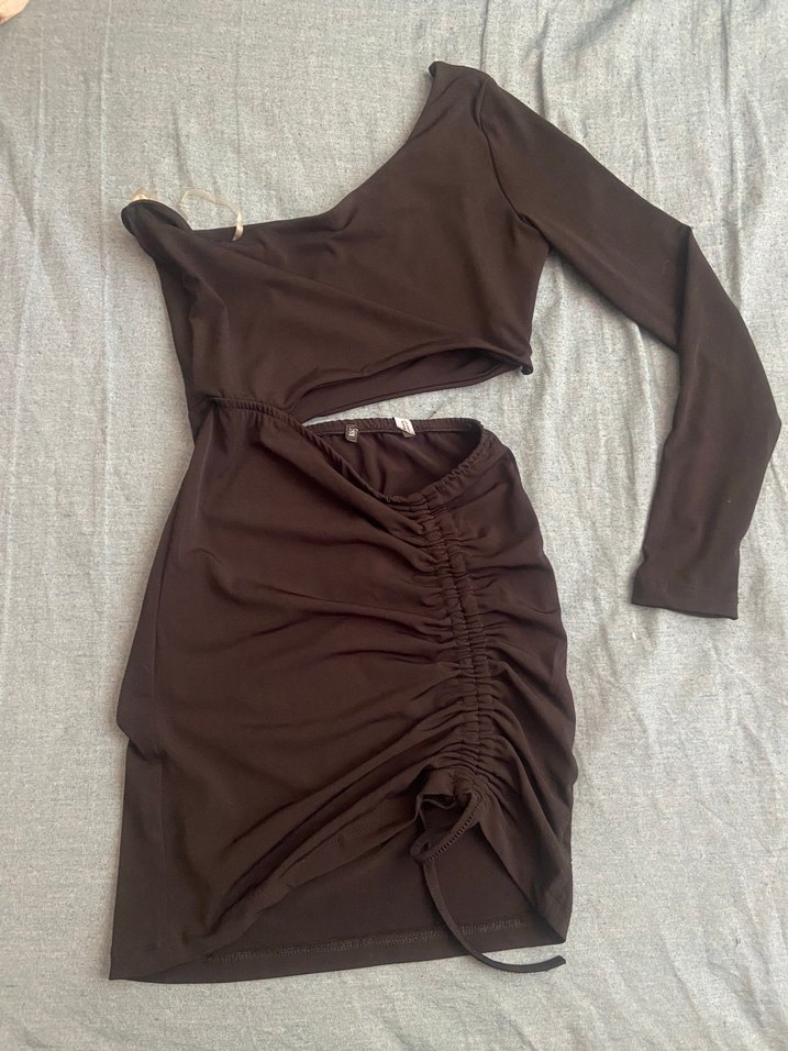 Drapeli siyah Mini Kadın Elbise - Görsel 2