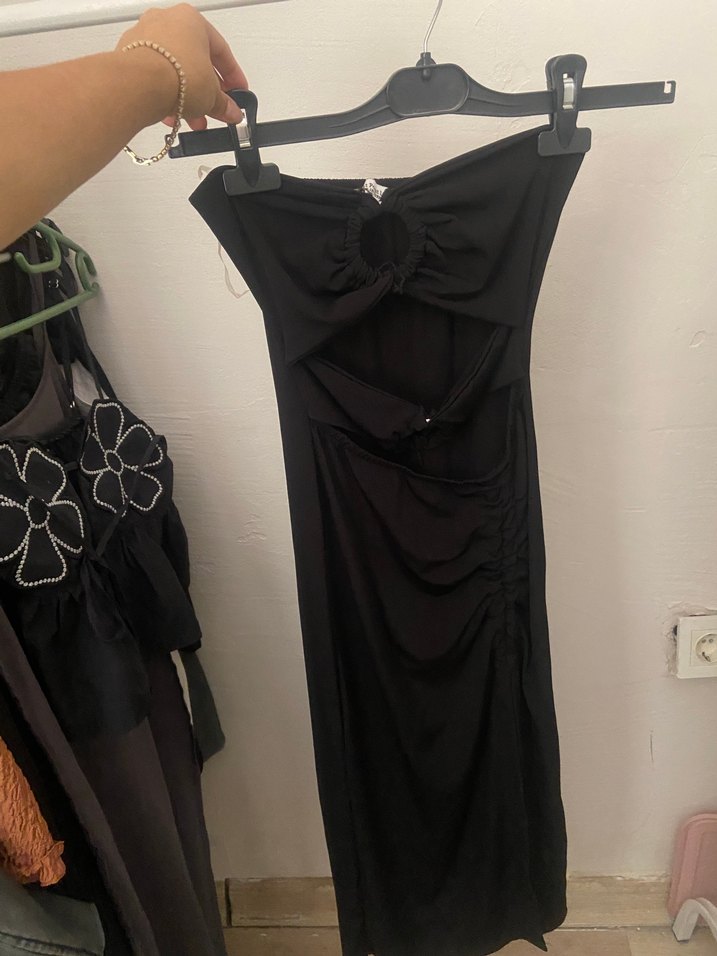 siyah Straplez Midi Drapeli Elbise - Görsel 4