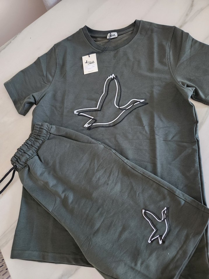 haki renk Baskılı Erkek Kısa Kollu Rahat Pijama Takımı - Görsel 5