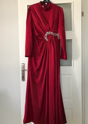 Bordo Uzun Kollu Drapeli Kadın Abiye - Görsel 2