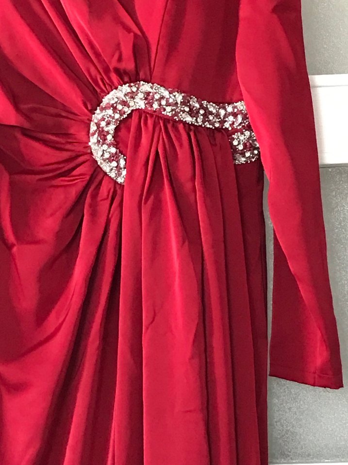 Bordo Uzun Kollu Drapeli Kadın Abiye - Görsel 4