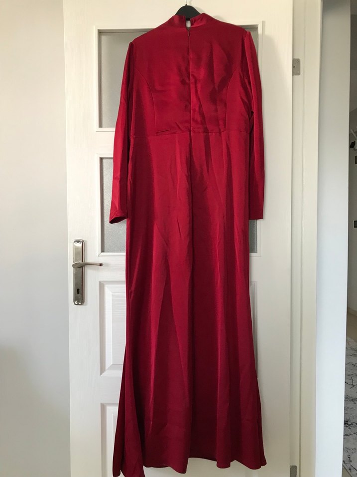 Bordo Uzun Kollu Drapeli Kadın Abiye - Görsel 5