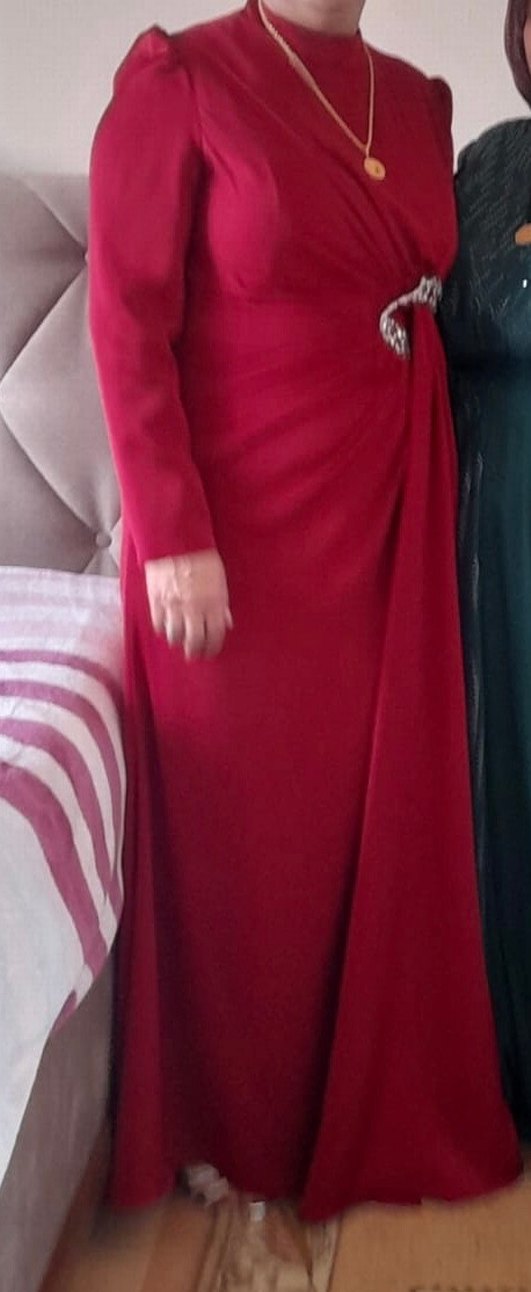 Bordo Uzun Kollu Drapeli Kadın Abiye - Görsel 3